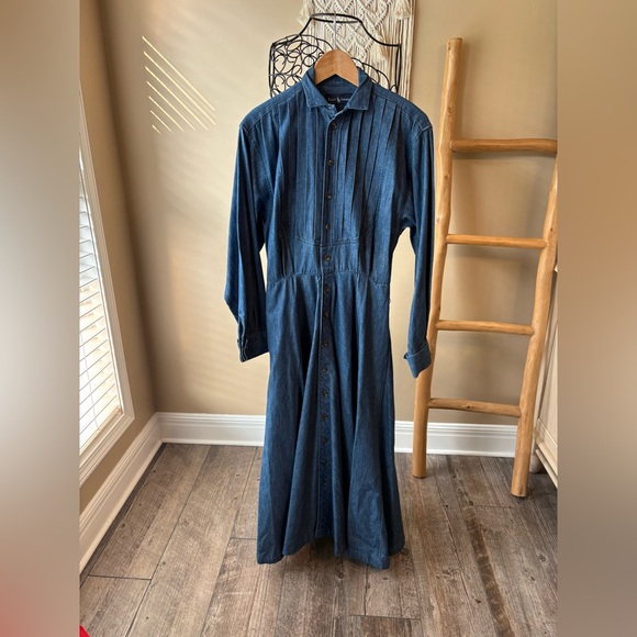 Vintage USA RL Indigo Tux Bodice Cuff Full Sweep Denim Western Prairie Dress - Picture 1 of 11